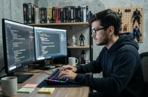 Moddeur passionné travaillant sur un éditeur de scripts sur un double écran dans son bureau de jeu vidéo