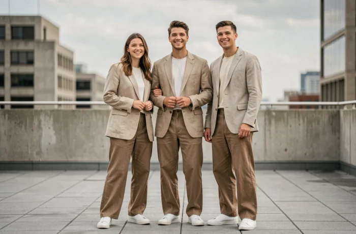 Groupe de jeunes adultes portant des tenues unisexes en lin neutre sur un toit urbain, mode inclusive 2024