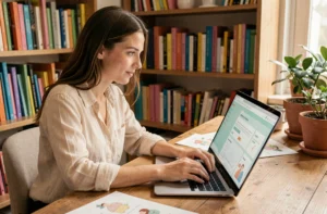 Jeune femme naviguant sur le site Mam'Zell Plume depuis un bureau en bois dans un espace créatif et chaleureux