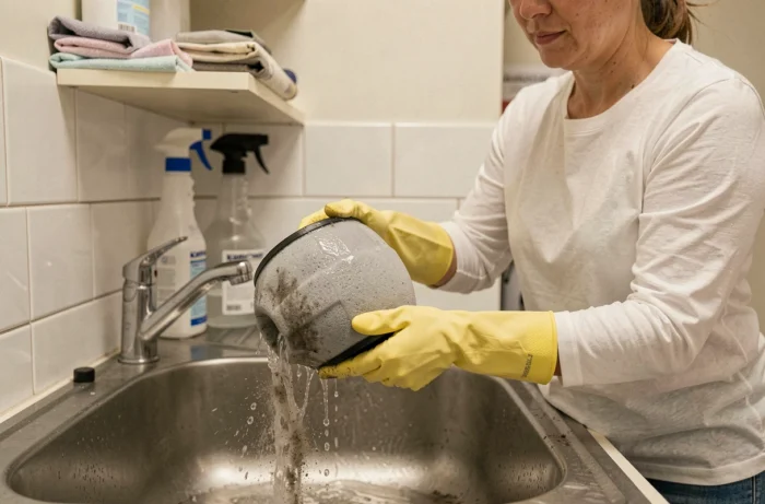 Femme nettoyant le filtre mousse d'un aspirateur Karcher WD4 sous l'eau au-dessus d'un évier utilitaire