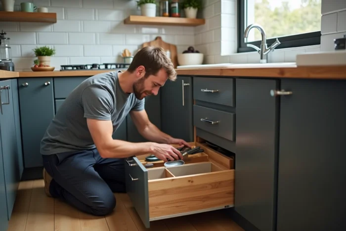 Homme installant des organisateurs de tiroirs dans une cuisine compacte et fonctionnelle