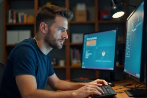 Homme concentré optimisant les performances de Windows Vista sur un ordinateur de bureau dans un bureau à domicile