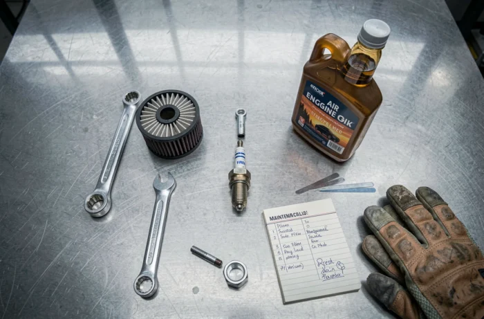 Outillage et pièces essentielles pour l'entretien complet d'une moto trial 4 temps disposés sur un établi d'atelier professionnel
