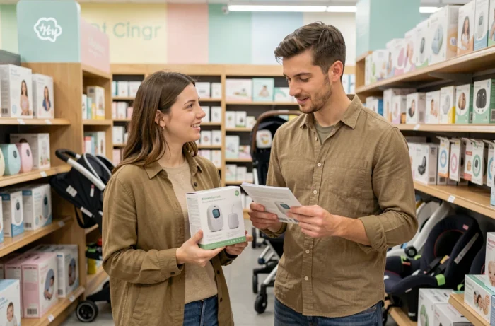 Jeunes parents comparant des équipements pour bébé dans un magasin spécialisé bien organisé