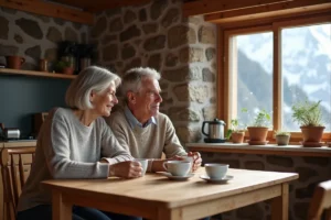 Couple de parents dans leur cuisine alpine rustique, partagent un moment discret et chaleureux autour d'un café du matin
