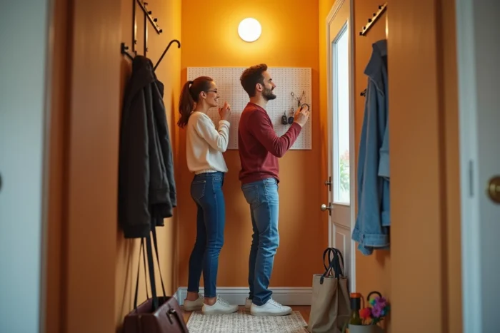 Couple installant un panneau mural pegboard dans une entrée d'appartement optimisée