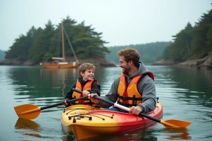 Père et fils adolescent en kayak de mer dans le golfe du Morbihan en Bretagne avec des îles boisées en arrière-plan