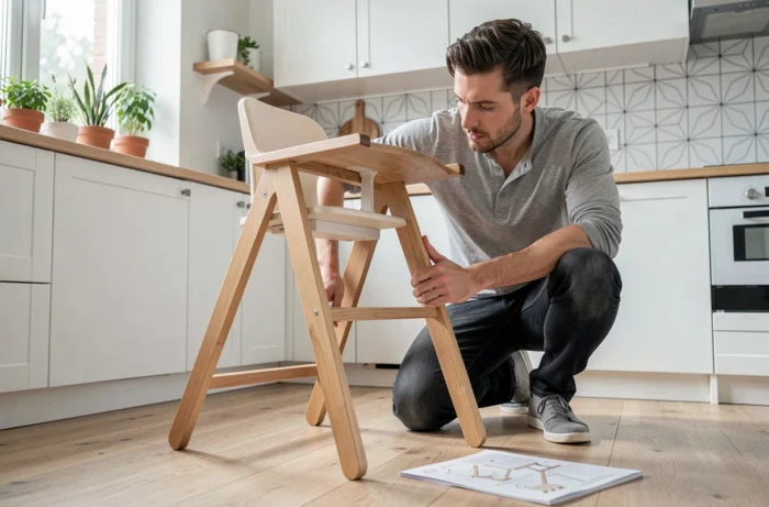 Père assemblant une chaise haute en bois dans une cuisine scandinave moderne avec plan de travail en chêne