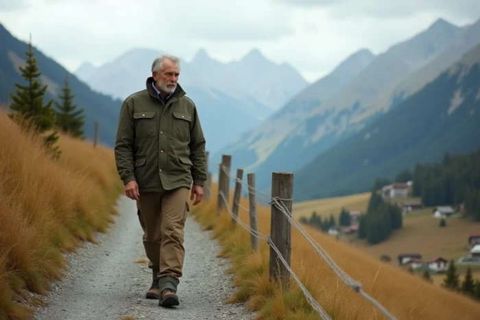 Homme d'âge mûr marchant seul sur un chemin alpin en automne, évoquant la discrétion et les valeurs enracinées d'une famille de montagne