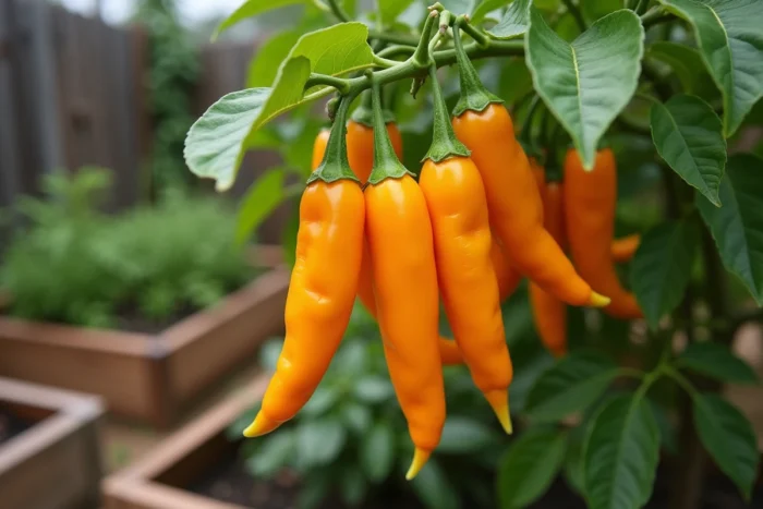 Grappes de piments aji amarillo mûrs de couleur orange dorée sur un plant en pleine production dans un jardin potager maison
