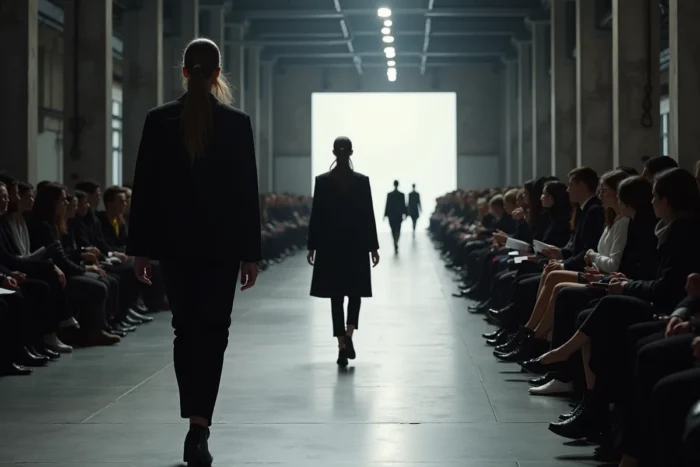 Vue depuis le public d'un défilé de mode avec plusieurs mannequins marchant sur un podium en béton