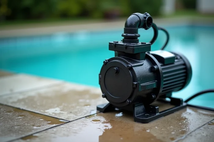 Gros plan sur une pompe de piscine extérieure sous la pluie avec des gouttes d'eau sur le boîtier et les raccords de tuyauterie