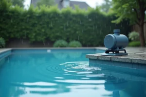 Pompe de piscine en marche sous la pluie dans un jardin résidentiel avec des gouttes créant des rondelles à la surface de l'eau