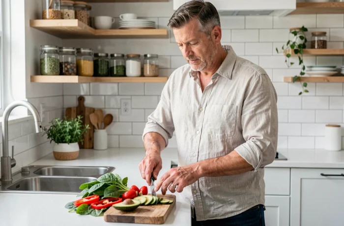 Homme préparant un repas sain avec des légumes frais dans une cuisine moderne pour une alimentation équilibrée et une meilleure santé
