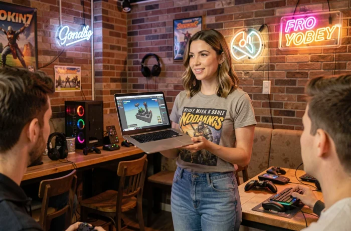 Développeuse de mods présentant un projet de modding lors d'un meetup communautaire dans un café gaming