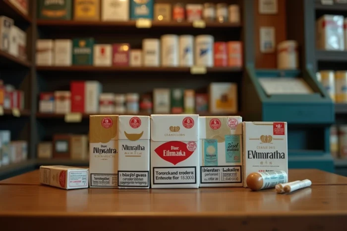 Paquets de cigarettes avec étiquettes de prix et vignettes fiscales suisses dans un bureau de tabac