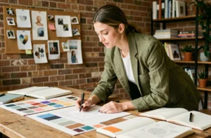 Professionnelle créative travaillant sur des maquettes graphiques dans un studio de design chaleureux avec des échantillons de couleurs et des sketchbooks