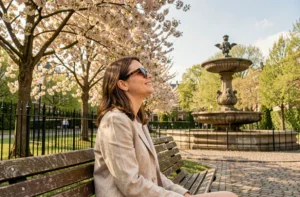 Femme profitant du soleil printanier dans un parc de Bruxelles, assise sur un banc en bois entourée d'arbres en fleurs