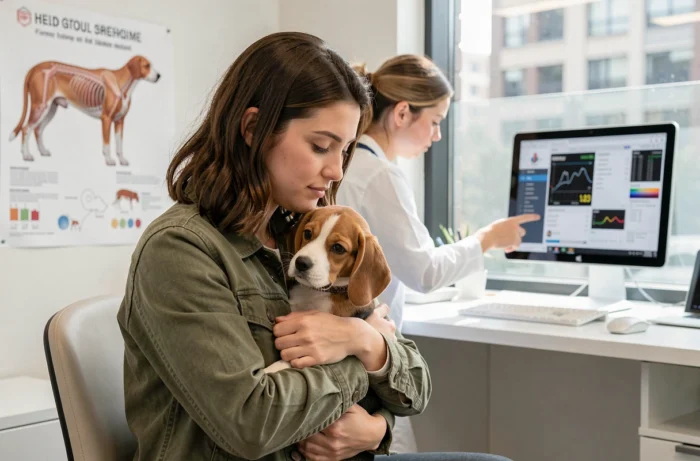 Propriétaire tenant un chiot beagle chez le vétérinaire pendant une consultation avec suivi numérique de la santé animale