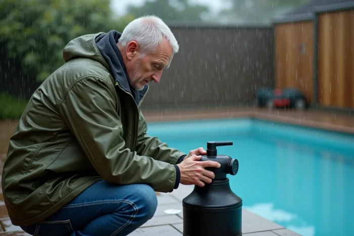 Propriétaire inspecte sa pompe de piscine sous la pluie en se demandant s'il doit l'arrêter ou la laisser fonctionner
