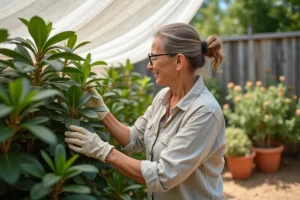 Jardinière protégeant un rhododendron avec un voile d'ombrage pendant la canicule dans un jardin ensoleillé