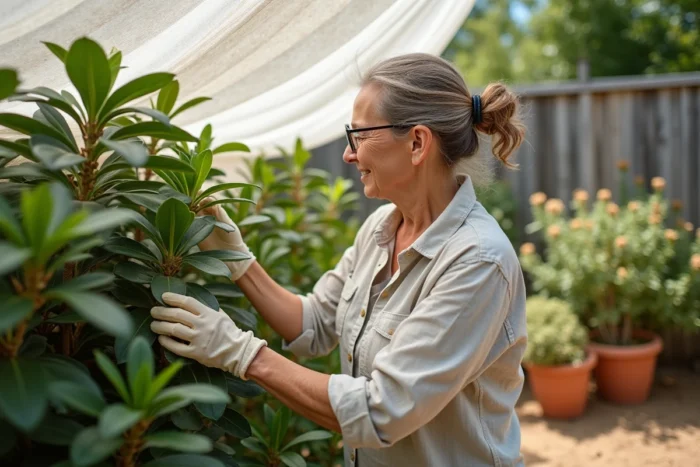 Jardinière protégeant un rhododendron avec un voile d'ombrage pendant la canicule dans un jardin ensoleillé