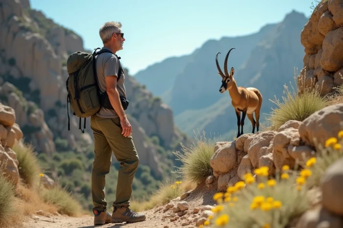 Randonneur observant un kri-kri, le bouquetin crétois sauvage, sur une paroi rocheuse dans les Gorges de Samaria en Crète