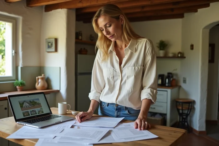 Femme consultant des annonces de location de petites maisons entre particuliers en Seine-Maritime depuis une cuisine normande