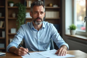 Homme consultant des documents de remboursement anticipé de prêt immobilier dans un bureau à domicile moderne