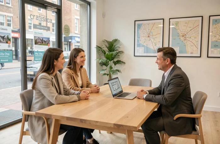 Couple en rendez-vous avec un conseiller immobilier dans une agence de proximité moderne