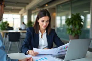 Professionnelle analysant les performances d'un site web avec une agence web lors d'une réunion en agence