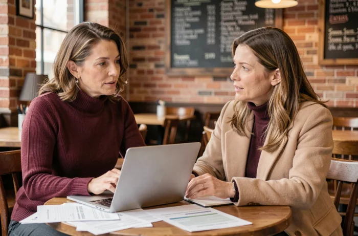 Deux femmes professionnelles discutant d'opportunités lors d'une réunion de découverte informelle dans un café urbain avec laptops et documents
