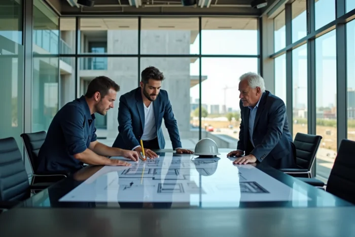 Équipe de professionnels de construction en réunion autour de plans numériques dans une salle de réunion vitrée donnant sur un chantier