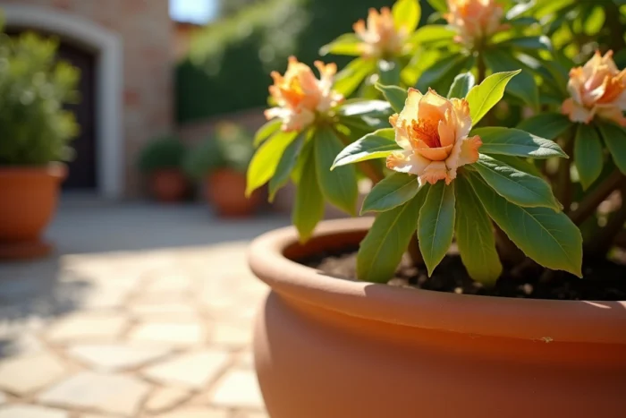 Feuilles de rhododendron recroquevillées en pot sur une terrasse lors d'une vague de chaleur estivale