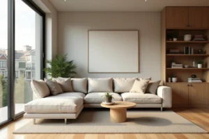 Salon canadien moderne meublé avec canapé sectionnel, table basse en bois et étagères Homcom pour une décoration intérieure contemporaine