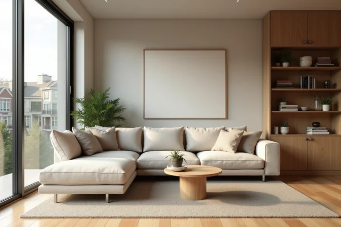 Salon canadien moderne meublé avec canapé sectionnel, table basse en bois et étagères Homcom pour une décoration intérieure contemporaine