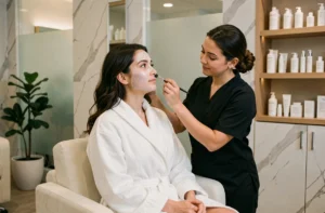 Femme recevant un soin du visage dans un institut de beauté moderne et élégant