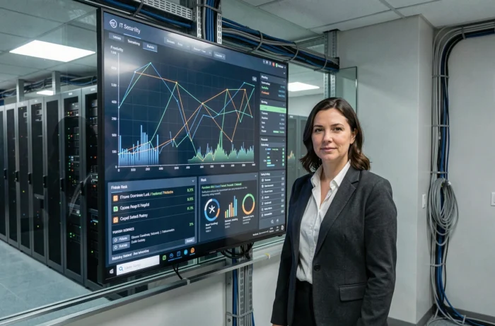 Spécialiste en cybersécurité surveillant les risques numériques d'une entreprise devant un tableau de bord de sécurité informatique
