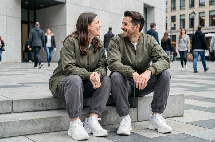 Duo homme-femme en tenues de streetwear unisexe assis sur des marches en béton dans une place urbaine moderne