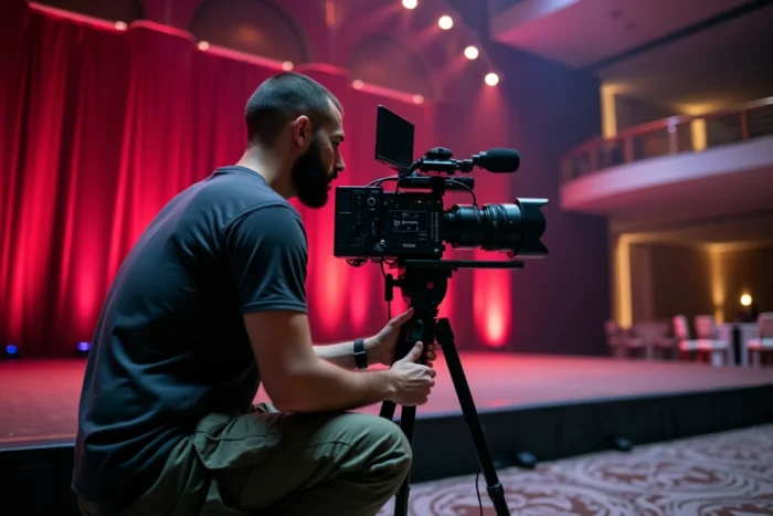 Technicien audiovisuel réglant une caméra professionnelle sur scène lors des préparatifs d'un gala événementiel