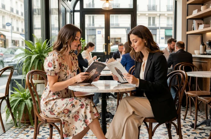 Deux femmes tendance discutant de mode autour d'un magazine dans un café parisien