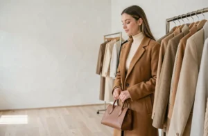 Femme élégante en manteau camel feuilletant des vêtements dans une boutique de mode minimaliste
