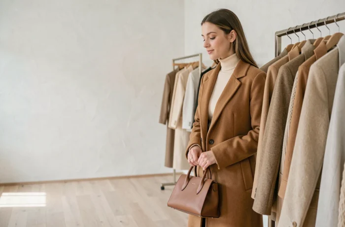 Femme élégante en manteau camel feuilletant des vêtements dans une boutique de mode minimaliste