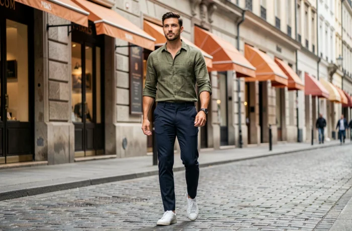 Homme en tenue décontractée chic marchant dans une rue pavée d'une ville européenne