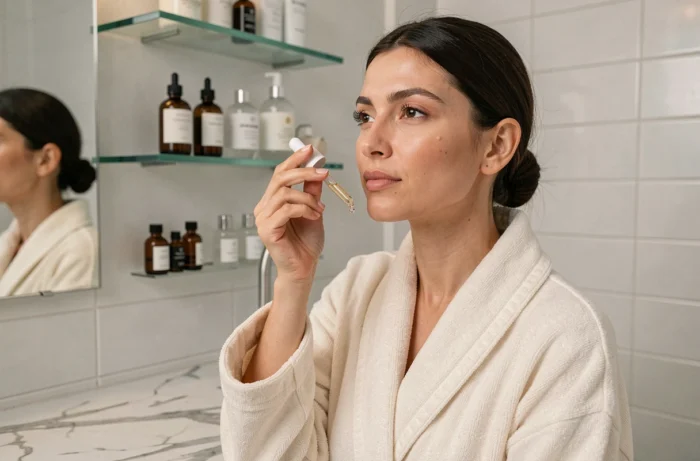 Femme appliquant un sérum de soin visage devant un miroir dans une salle de bain moderne et minimaliste