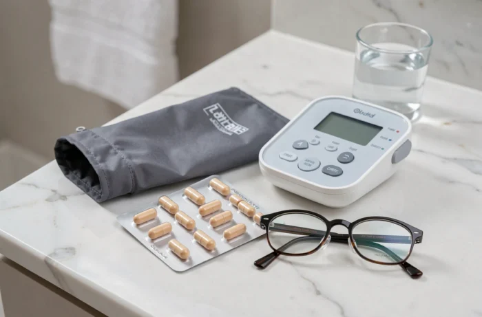 Tensiomètre, gélules de complément alimentaire et verre d'eau sur un plan de travail, symbolisant la gestion de l'hypertension chez le senior