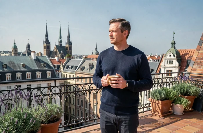 Homme savourant un café sur une terrasse avec vue sur les toits ensoleillés de Bruxelles par temps clair