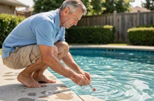 Homme testant le taux de CYA de sa piscine avec une bandelette colorimétrique au bord d'une piscine résidentielle