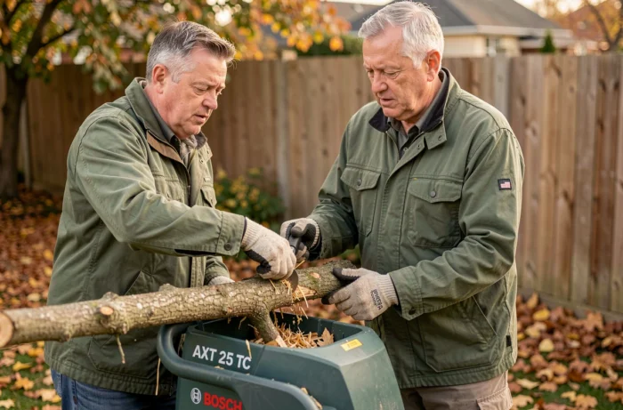 Homme utilisant le broyeur Bosch AXT 25 TC pour déchiqueter des branches épaisses dans un jardin