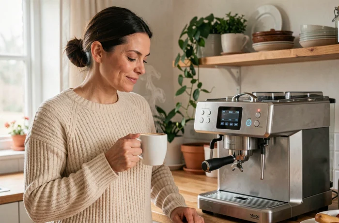 Femme tenant un cappuccino préparé avec la machine Saeco Picobaristo Deluxe dans une cuisine chaleureuse et moderne